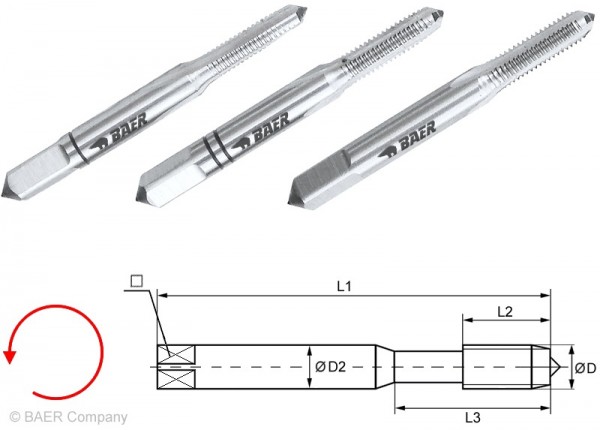 BAER HSSG Handgewindebohrer 3-tlg. Satz UNC Nr, 12 x 24 - LINKS