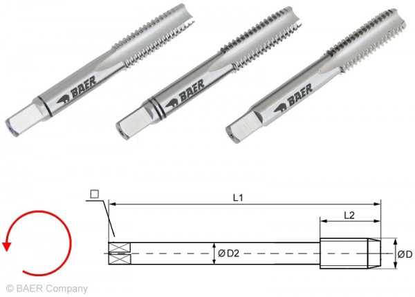 BAER HSSG Handgewindebohrer 3-tlg. Satz UNC 7/8 x 9 - LINKS