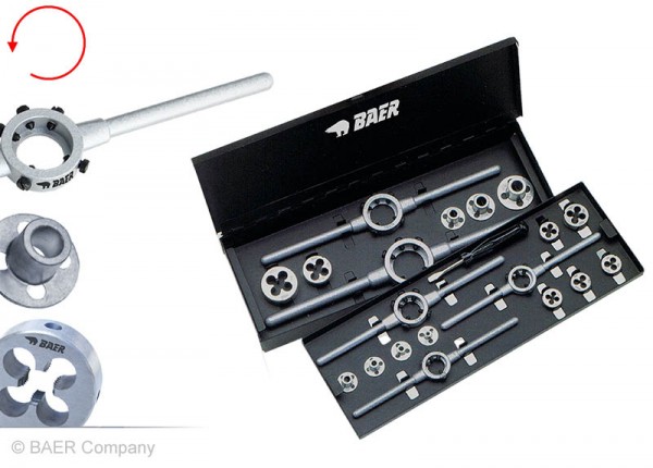 BAER Set HSS LINKS: Schneideisen Rund | Haltewerkzeuge | Führungen: M 3 - 12